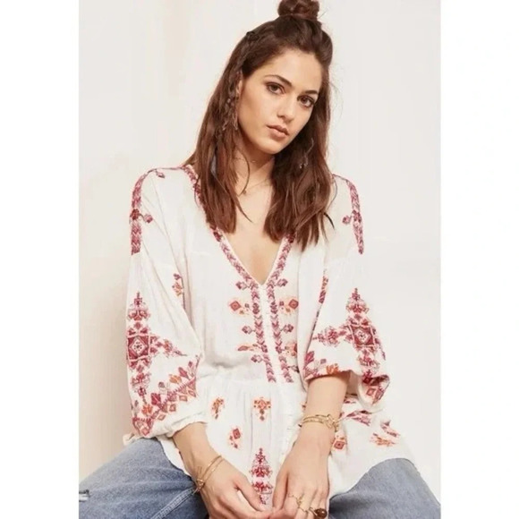 Free People Arianna Embroidered Tunic Top Shirred Ruffle Hem Cream 16788 - Picture 1 of 16